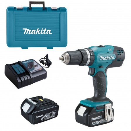 Makita DHP453RFE johdoton iskuohjainsarja, 18 V, 2 x 3 Ah, laturi + kotelo