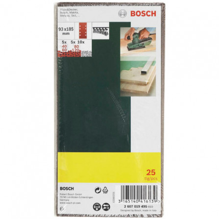 Bosch epäkeskohiomapaperisetti, 93 x 185 mm, 40,60,80|120 karkeus, 25 kpl.