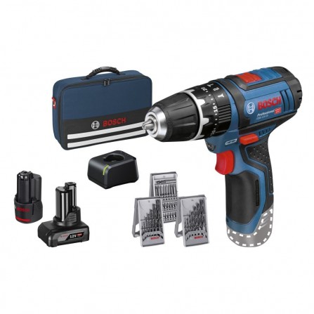 Bosch GSB 12V-15 johdoton iskuohjainsarja, 12 V, 1 x 4 Ah, 1 x 2 Ah, laturi, tarvikkeet + laukku