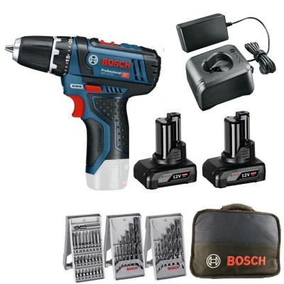 Akkuruuvimeisseli Bosch GSR 12V-15 (0615990HV1) sarja, 12 V, 2 x 4 Ah, laturi, tarvikkeet + laukku