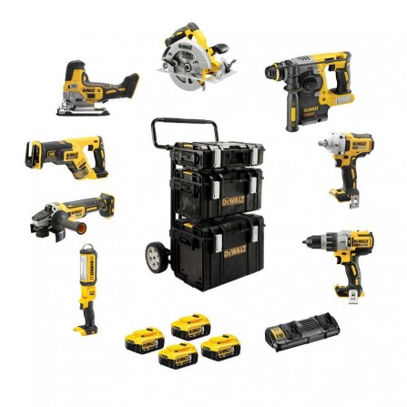 Dewalt johdoton työkalusarja (DCK856P4-QW) 18V 4 x 5Ah kaksoislaturi, 3 koteloa + vaunu